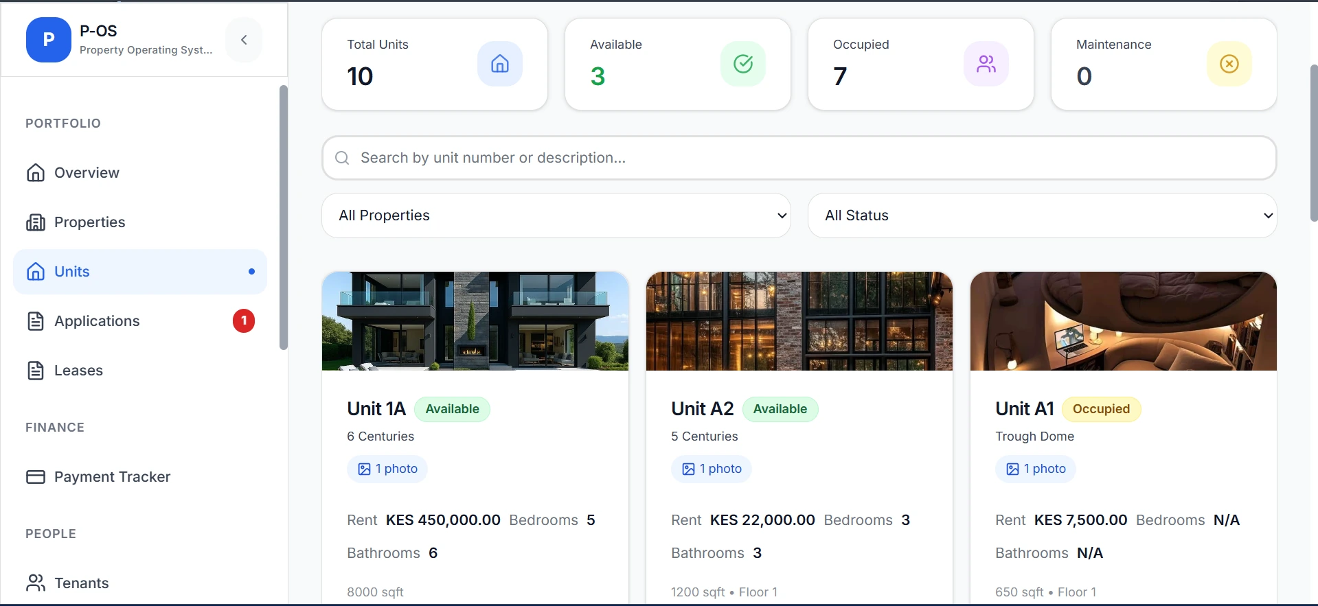 P-OS units screenshot showing availability, rent, and unit listing cards.
